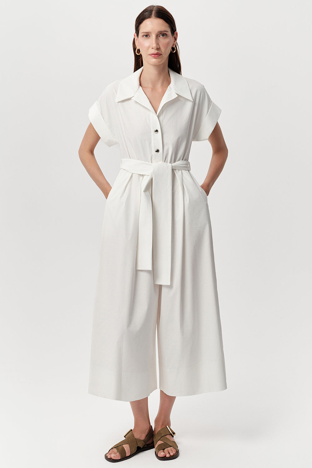 Gömlek Yaka Kısa Kollu Cepli Kuşaklı Midi Regular Kemik Tulum