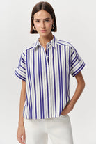 Gömlek Yaka Kısa Kollu Çizgili Regular Saks Kemik Gömlek