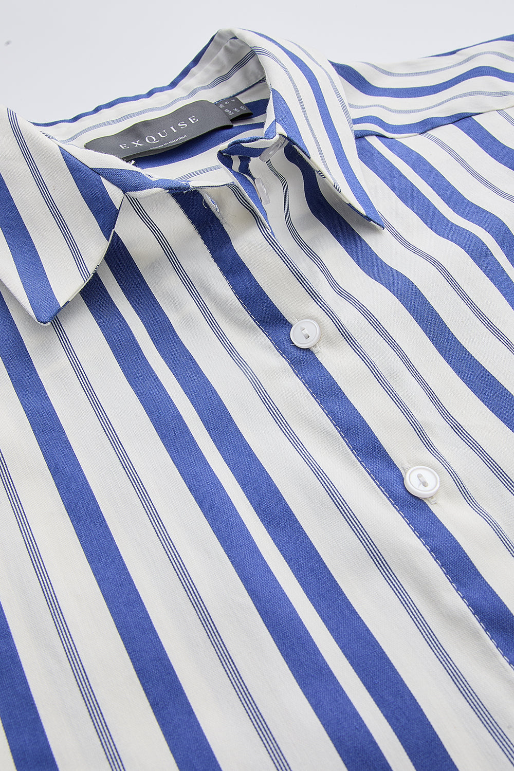 Gömlek Yaka Kısa Kollu Çizgili Regular Saks Kemik Gömlek