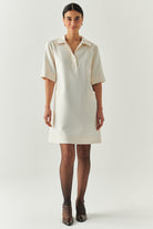 Exquise-Gömlek Yaka Kısa Kollu Oversize Cepli Krem Mini Elbise-ELBİSE-1-Milagron.com