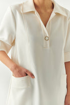 Exquise-Gömlek Yaka Kısa Kollu Oversize Cepli Krem Mini Elbise-ELBİSE-4-Milagron.com