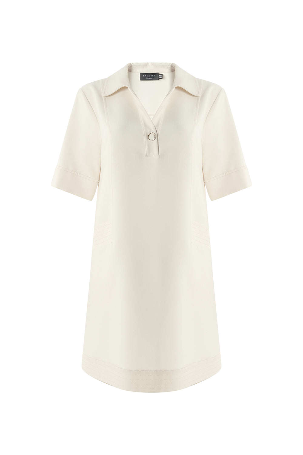 Exquise-Gömlek Yaka Kısa Kollu Oversize Cepli Krem Mini Elbise-ELBİSE-6-Milagron.com