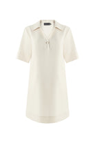 Exquise-Gömlek Yaka Kısa Kollu Oversize Cepli Krem Mini Elbise-ELBİSE-6-Milagron.com