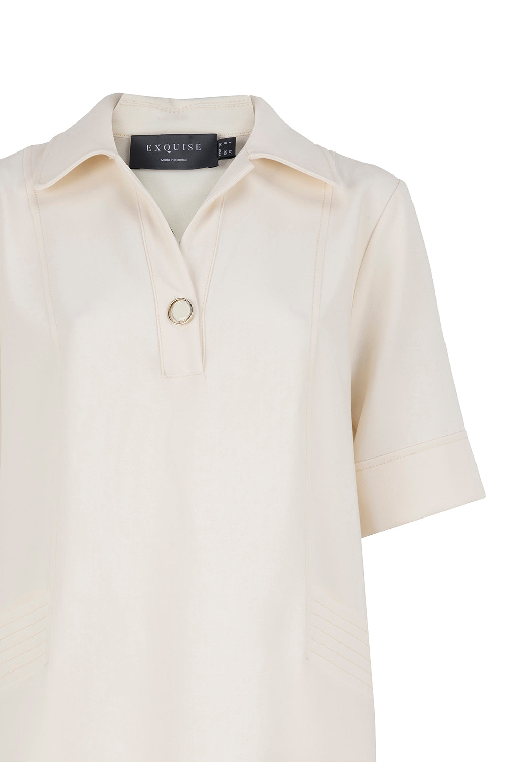 Exquise-Gömlek Yaka Kısa Kollu Oversize Cepli Krem Mini Elbise-ELBİSE-7-Milagron.com