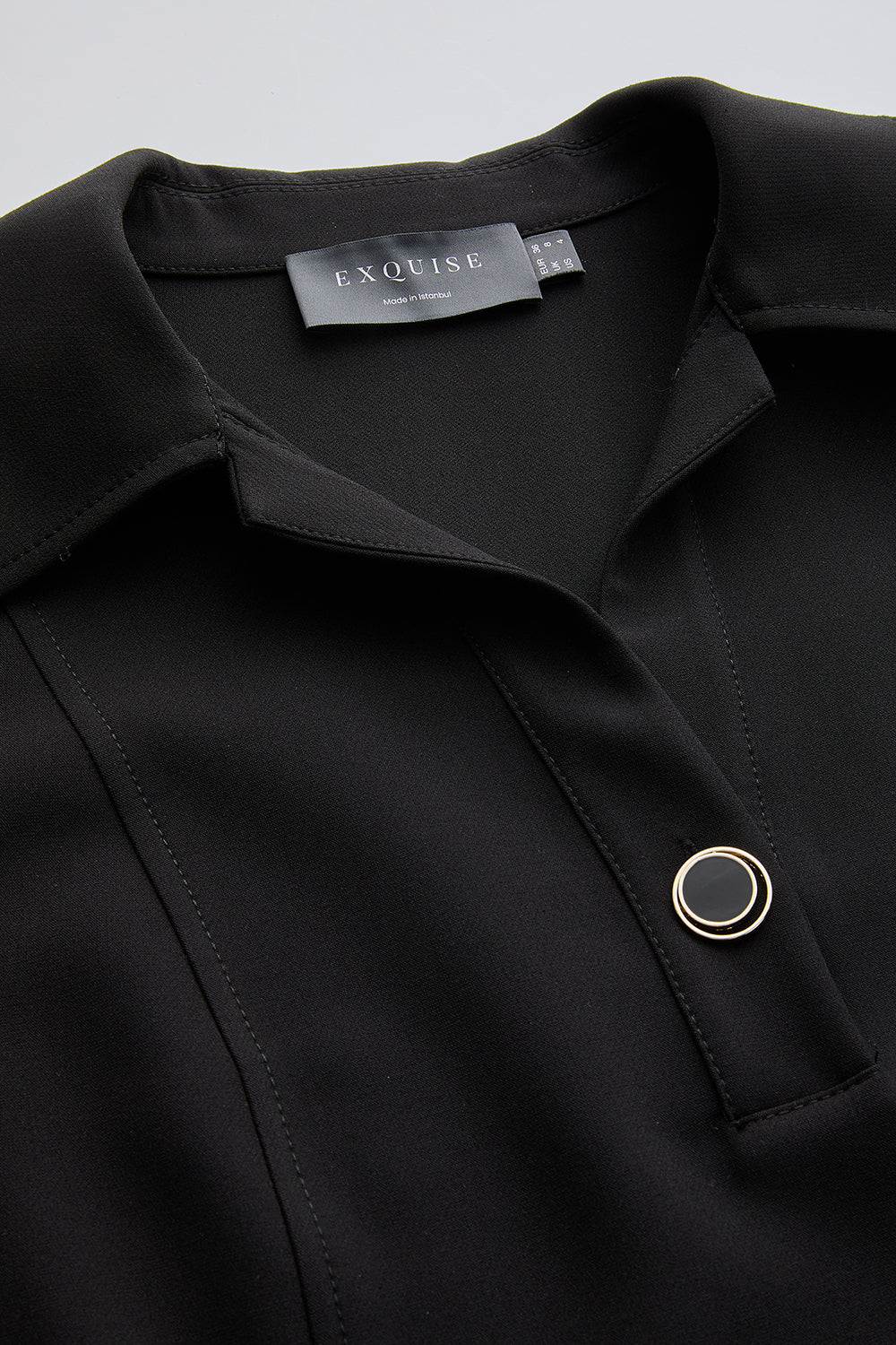 Exquise-Gömlek Yaka Kısa Kollu Oversize Cepli Siyah Mini Elbise-ELBİSE-5-Milagron.com