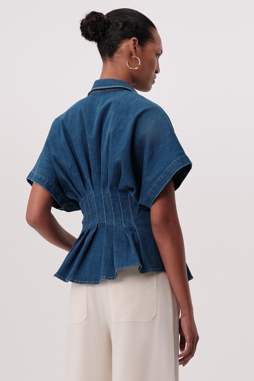 Gömlek Yaka Kısa Kollu Pileli Regular Denim Mavi Gömlek