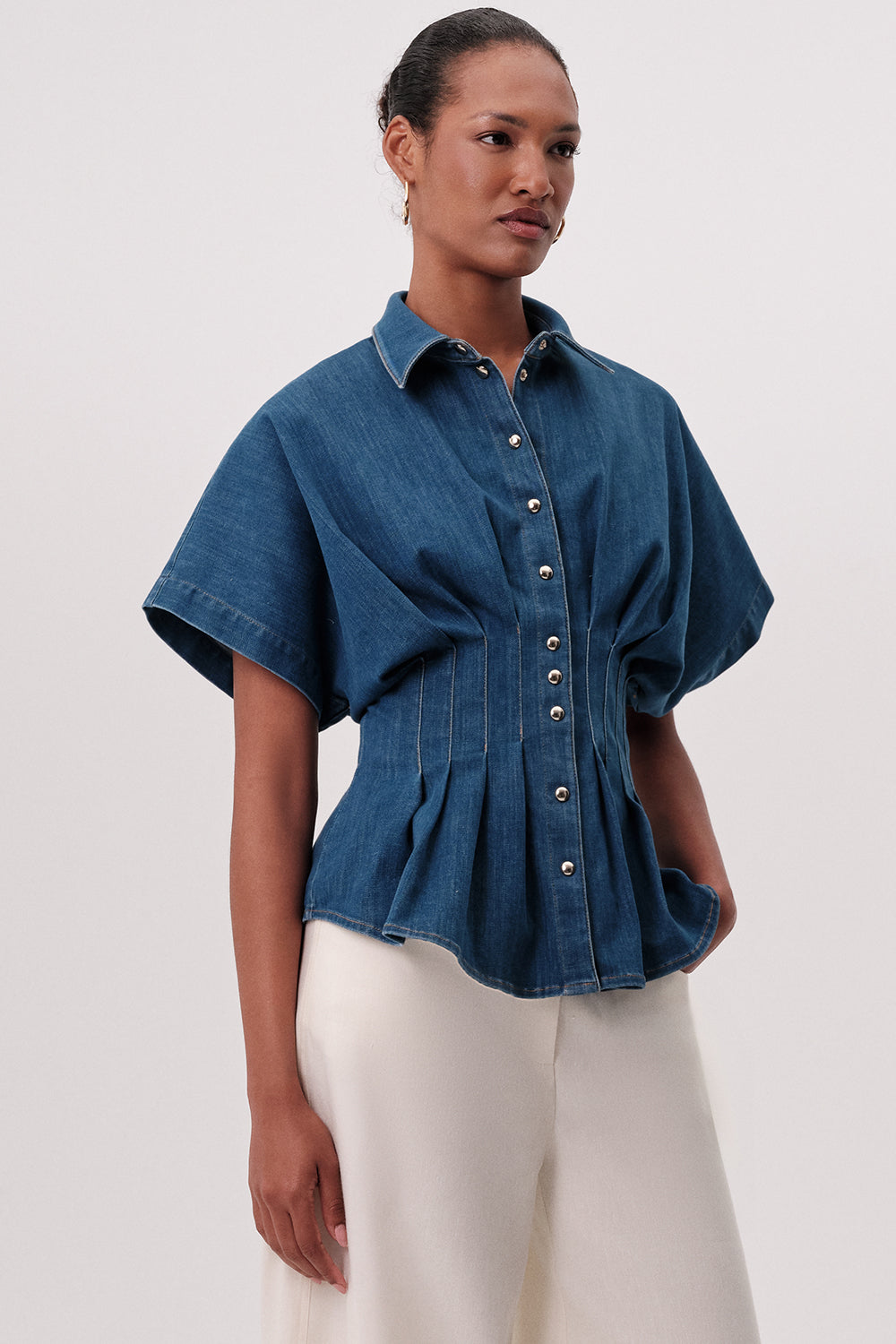 Gömlek Yaka Kısa Kollu Pileli Regular Denim Mavi Gömlek