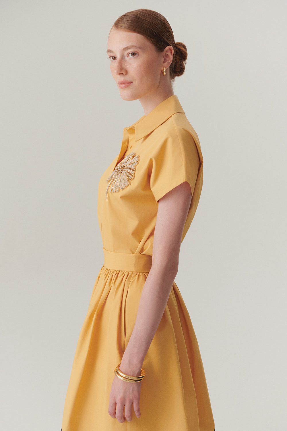 Exquise-Gömlek Yaka Kısa Kollu Taş İşlemeli Pamuklu Regular Fit Camel Gömlek-Gömlek-4-Milagron.com