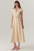 Exquise-Gömlek Yaka Kısa Kollu önden Düğmeli Regular Fit Midi Boy Ekru Elbise-ELBİSE-1-Milagron.com