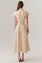 Exquise-Gömlek Yaka Kısa Kollu önden Düğmeli Regular Fit Midi Boy Ekru Elbise-ELBİSE-2-Milagron.com