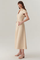 Exquise-Gömlek Yaka Kısa Kollu önden Düğmeli Regular Fit Midi Boy Ekru Elbise-ELBİSE-5-Milagron.com