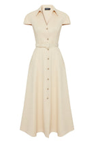 Exquise-Gömlek Yaka Kısa Kollu önden Düğmeli Regular Fit Midi Boy Ekru Elbise-ELBİSE-6-Milagron.com