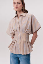 Gömlek Yaka Pileli Bele Oturan Çizgili Regular Çok Renkli Gömlek