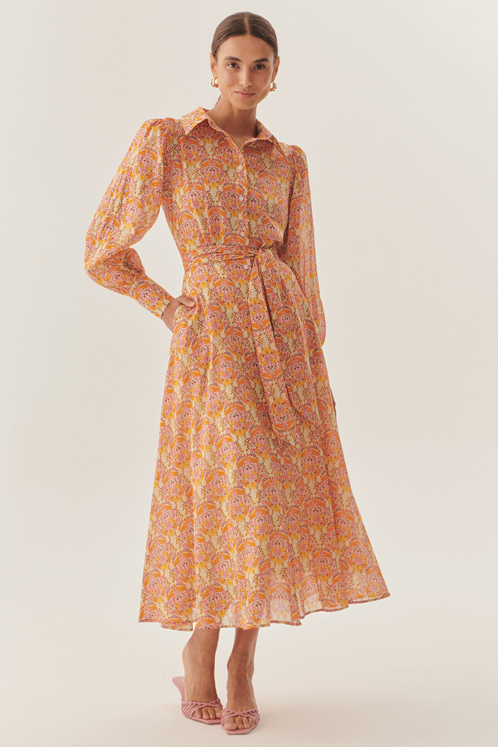 Exquise-Gömlek Yaka Uzun Kol Kuşak Detaylı çiçek Desenli Midi Boy Elbise-ELBİSE-1-Milagron.com