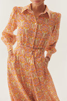 Exquise-Gömlek Yaka Uzun Kol Kuşak Detaylı çiçek Desenli Midi Boy Elbise-ELBİSE-5-Milagron.com