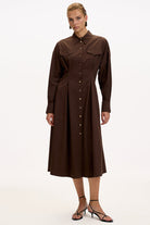 Exquise-Gömlek Yaka Uzun Kollu Cepli Regular Düğmeli Kahve Midi Elbise-ELBİSE-2-Milagron.com