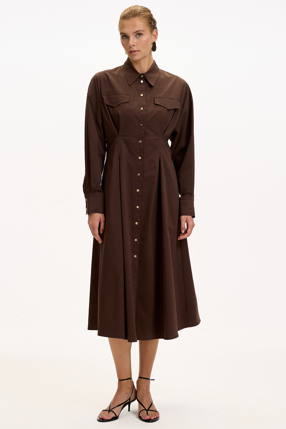 Exquise-Gömlek Yaka Uzun Kollu Cepli Regular Düğmeli Kahve Midi Elbise-ELBİSE-5-Milagron.com