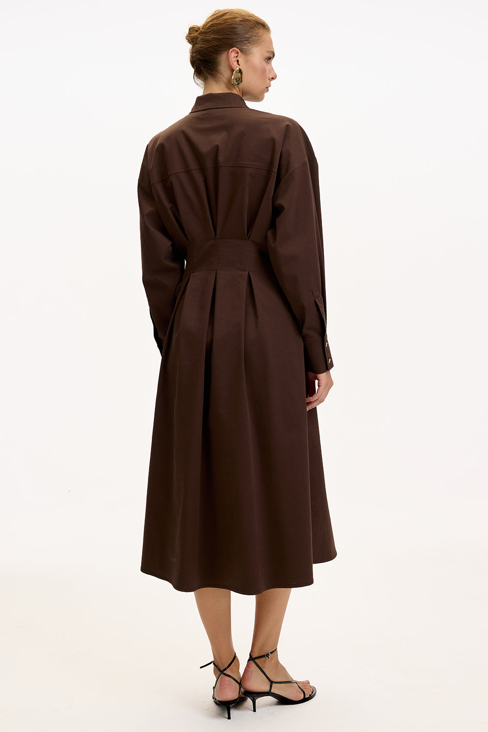 Exquise-Gömlek Yaka Uzun Kollu Cepli Regular Düğmeli Kahve Midi Elbise-ELBİSE-7-Milagron.com