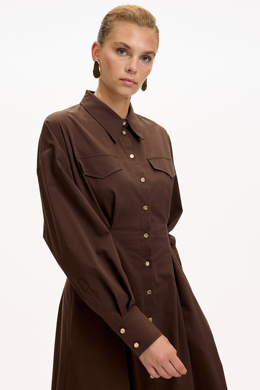 Exquise-Gömlek Yaka Uzun Kollu Cepli Regular Düğmeli Kahve Midi Elbise-ELBİSE-8-Milagron.com