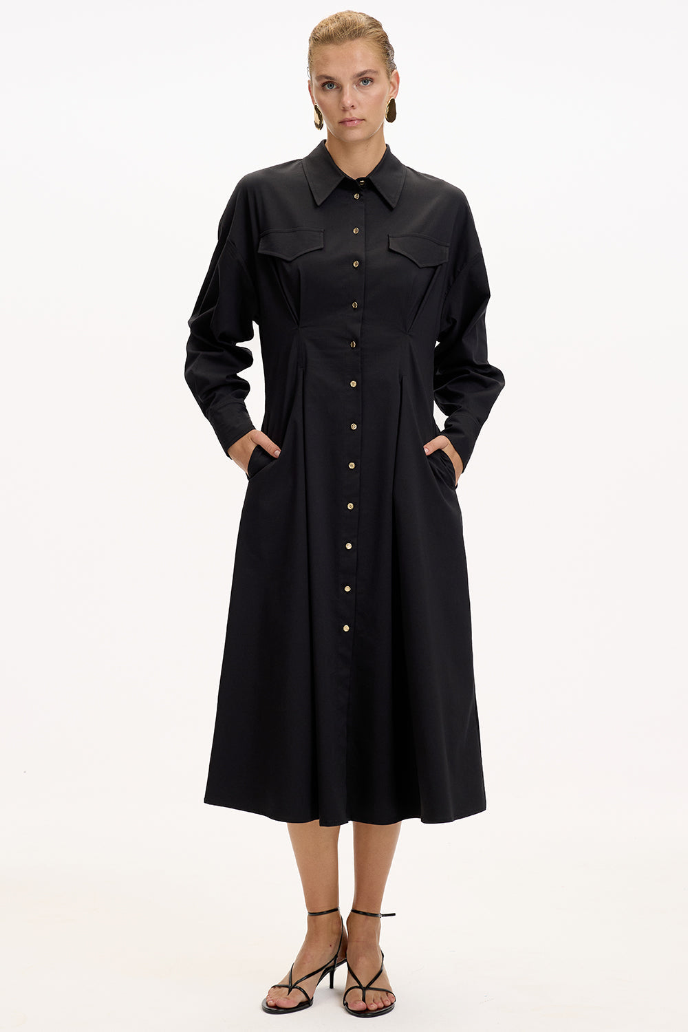 Exquise-Gömlek Yaka Uzun Kollu Cepli Regular Düğmeli Siyah Midi Elbise-ELBİSE-1-Milagron.com