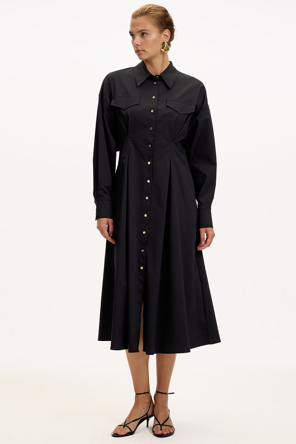 Exquise-Gömlek Yaka Uzun Kollu Cepli Regular Düğmeli Siyah Midi Elbise-ELBİSE-2-Milagron.com
