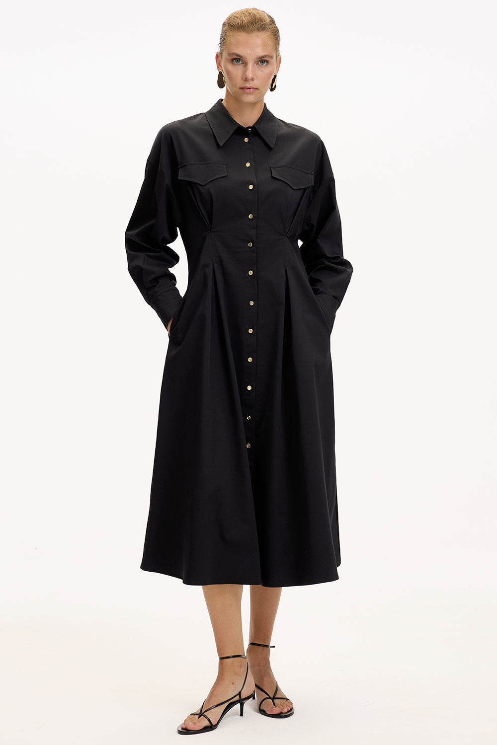 Exquise-Gömlek Yaka Uzun Kollu Cepli Regular Düğmeli Siyah Midi Elbise-ELBİSE-4-Milagron.com