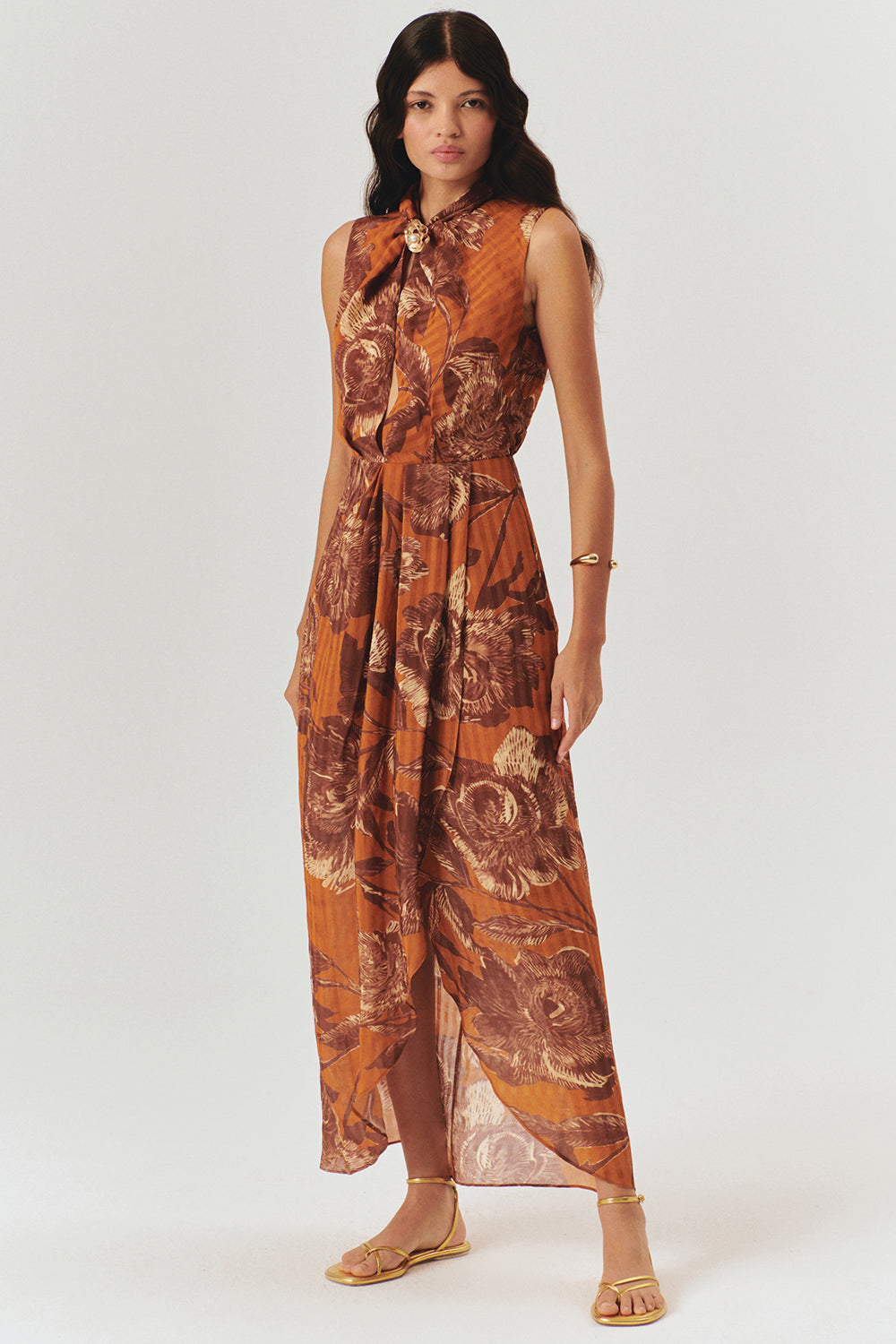 Exquise-İnci Tokalı Detaylı Desenli Maxi Elbise-ELBİSE-2-Milagron.com