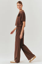 Exquise-İşleme Detaylı Kahverengi Crop Modal Karışımlı örme Tişört-T-Shirts-3-Milagron.com