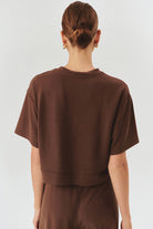 Exquise-İşleme Detaylı Kahverengi Crop Modal Karışımlı örme Tişört-T-Shirts-5-Milagron.com