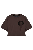 Exquise-İşleme Detaylı Kahverengi Crop Modal Karışımlı örme Tişört-T-Shirts-6-Milagron.com