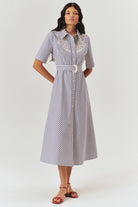 Exquise-İşleme Detaylı Kemerli çizgili A Kesim Gömlek Elbise-ELBİSE-1-Milagron.com