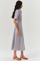 Exquise-İşleme Detaylı Kemerli çizgili A Kesim Gömlek Elbise-ELBİSE-4-Milagron.com