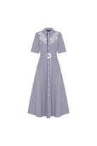 Exquise-İşleme Detaylı Kemerli çizgili A Kesim Gömlek Elbise-ELBİSE-6-Milagron.com