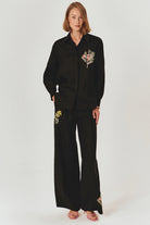 Exquise-İşleme Detaylı Rahat Kalıp Saf Keten Siyah Gömlek-Gömlek-5-Milagron.com