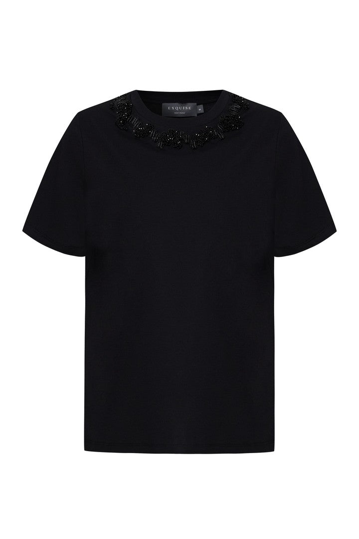 Exquise-İşleme Detaylı Siyah Regular Pamuklu örme Tişört-T-Shirts-6-Milagron.com