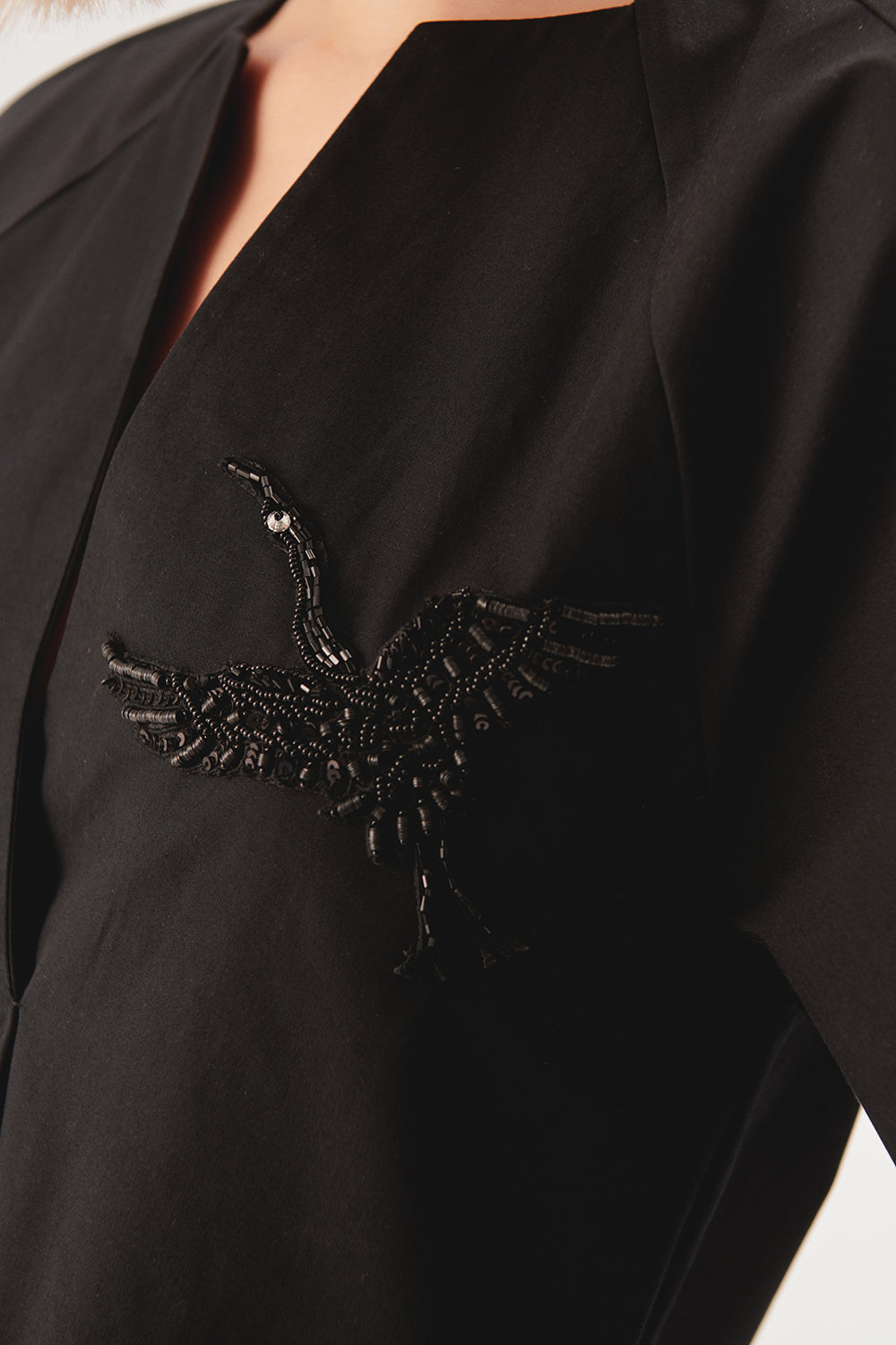 Exquise-İşleme Detaylı V Yaka Siyah Regular Mini Elbise-ELBİSE-5-Milagron.com