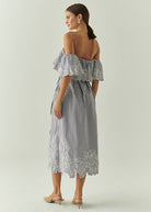 Exquise-İşleme Detaylı çizgili Omzu Açık Fırfırlı Midi Elbise-ELBİSE-2-Milagron.com