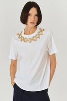 Exquise-İşleme Ve Taş Detaylı Bisiklet Yaka Beyaz Pamuklu örme Tişört-T-Shirts-2-Milagron.com