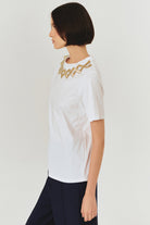 Exquise-İşleme Ve Taş Detaylı Bisiklet Yaka Beyaz Pamuklu örme Tişört-T-Shirts-3-Milagron.com