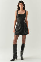 Exquise-Kare Yaka Taş Detaylı Ekose Slim Fit Astarlı Antrasit Mini Elbise-ELBİSE-1-Milagron.com