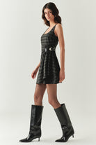 Exquise-Kare Yaka Taş Detaylı Ekose Slim Fit Astarlı Antrasit Mini Elbise-ELBİSE-2-Milagron.com