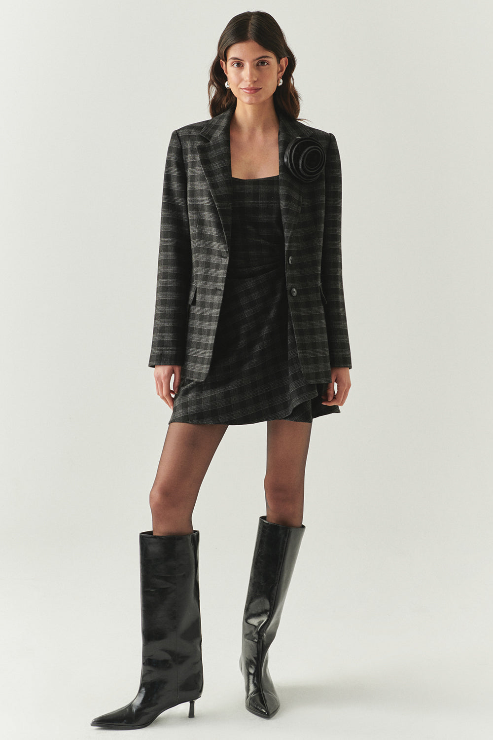 Exquise-Kare Yaka Taş Detaylı Ekose Slim Fit Astarlı Antrasit Mini Elbise-ELBİSE-3-Milagron.com