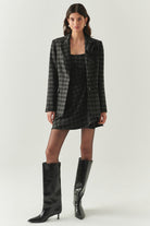 Exquise-Kare Yaka Taş Detaylı Ekose Slim Fit Astarlı Antrasit Mini Elbise-ELBİSE-3-Milagron.com