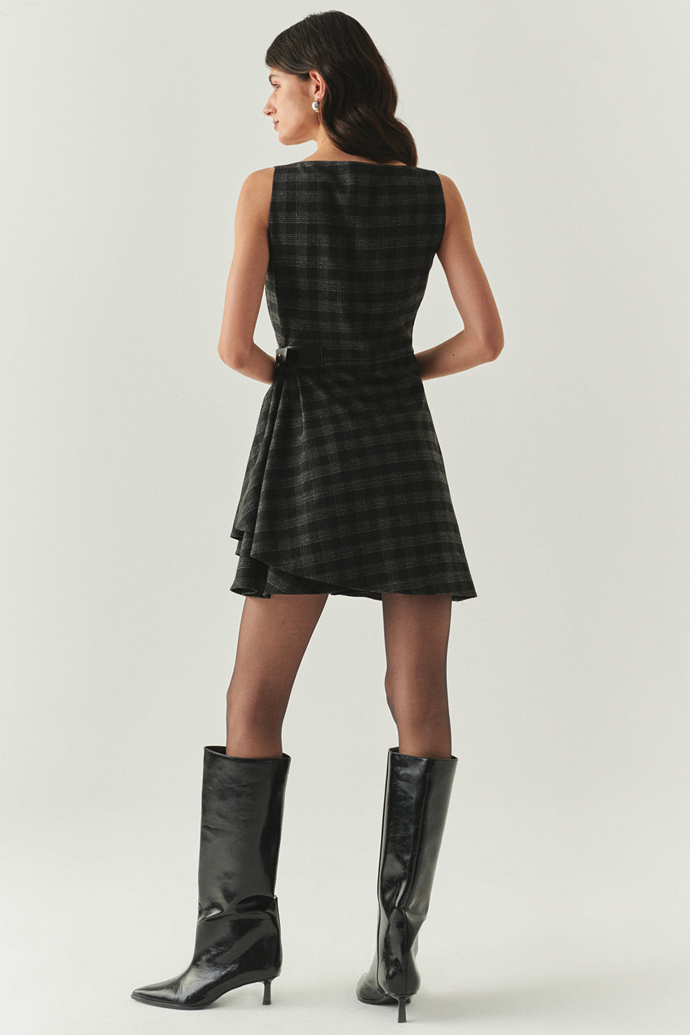 Exquise-Kare Yaka Taş Detaylı Ekose Slim Fit Astarlı Antrasit Mini Elbise-ELBİSE-4-Milagron.com