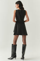 Exquise-Kare Yaka Taş Detaylı Ekose Slim Fit Astarlı Antrasit Mini Elbise-ELBİSE-4-Milagron.com