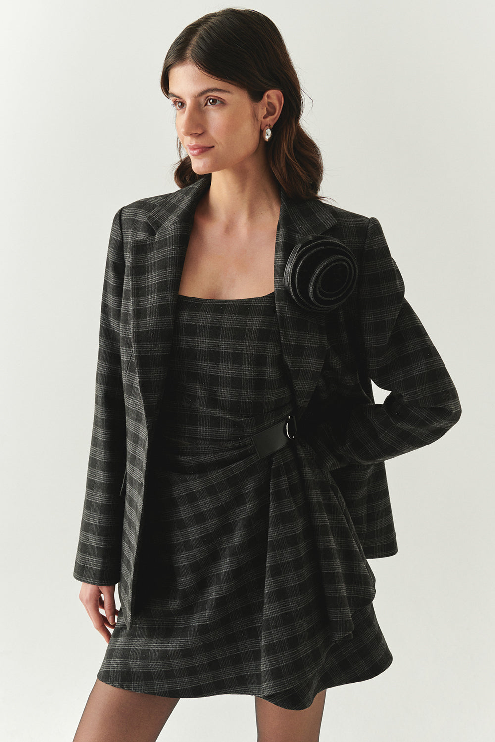 Exquise-Kare Yaka Taş Detaylı Ekose Slim Fit Astarlı Antrasit Mini Elbise-ELBİSE-5-Milagron.com