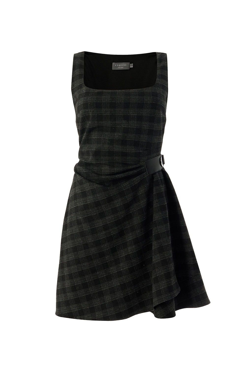 Exquise-Kare Yaka Taş Detaylı Ekose Slim Fit Astarlı Antrasit Mini Elbise-ELBİSE-7-Milagron.com