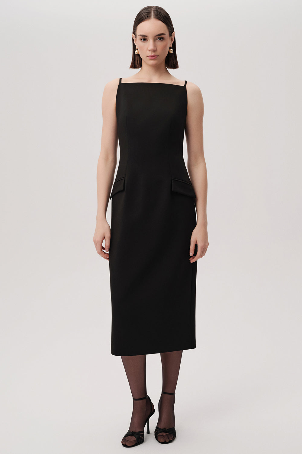 Exquise-Kayık Yaka Kolsuz Regular Dokuma Siyah Midi Elbise-1-Milagron.com