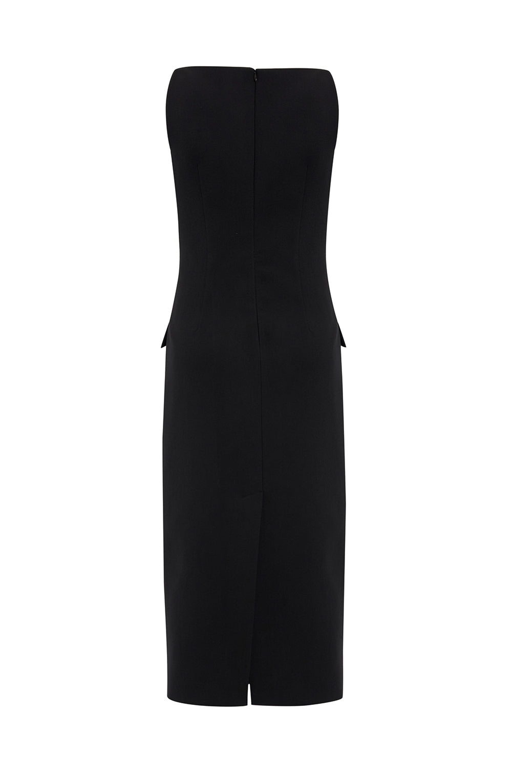 Exquise-Kayık Yaka Kolsuz Regular Dokuma Siyah Midi Elbise-6-Milagron.com