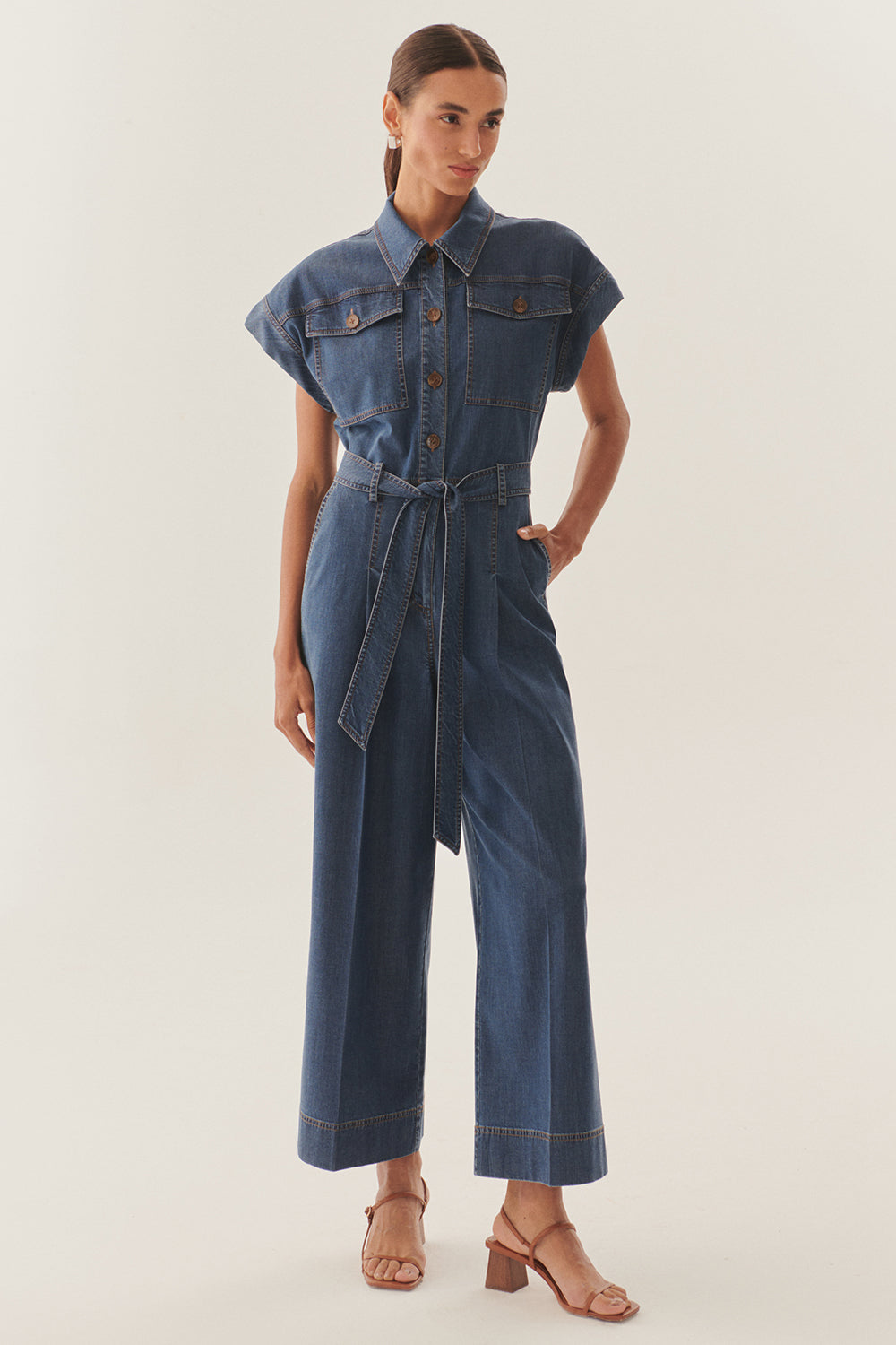 Exquise-Kemer Detaylı Denim Tulum-TULUM-1-Milagron.com